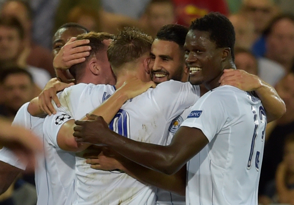 Leicester City's Riyad Mahrez celebrates with team mates after scoring their second goal. Reuters / Eric Vidal