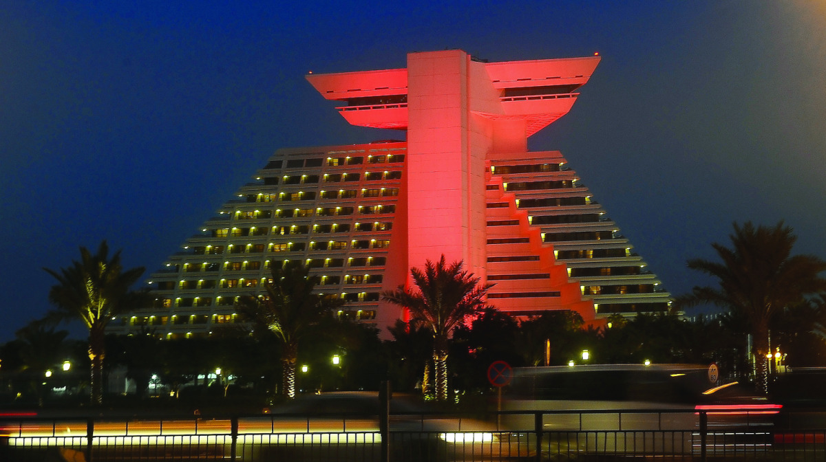 The Doha Sheraton Hotel lit in red to mark World Heart Day yesterday.