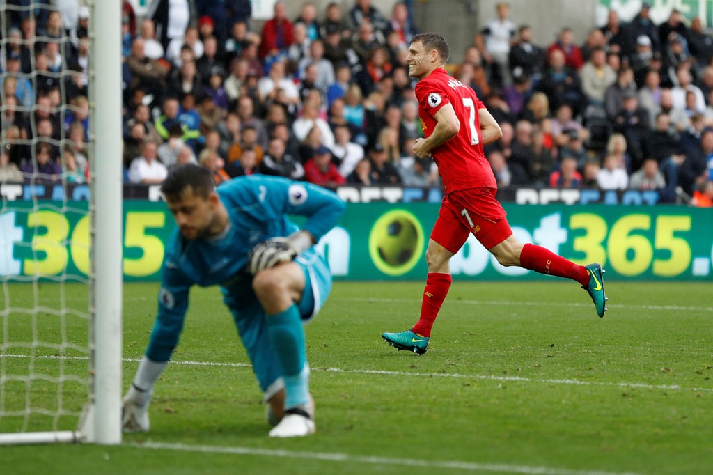 Liverpool's James Milner celebrates scoring their second goal. Reuters / John Sibley