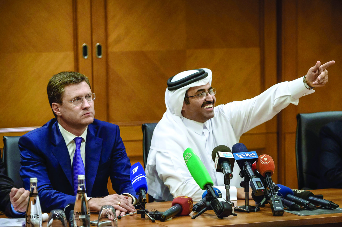 H E Dr. Mohammed bin Saleh Al Sada, Minister of Energy and Industry  and President of the Organisation of Petroleum Exporting Countries (Opec) and Russian Energy Minister Alexander Novak attend a press conference during the 23rd World Energy Congress in I