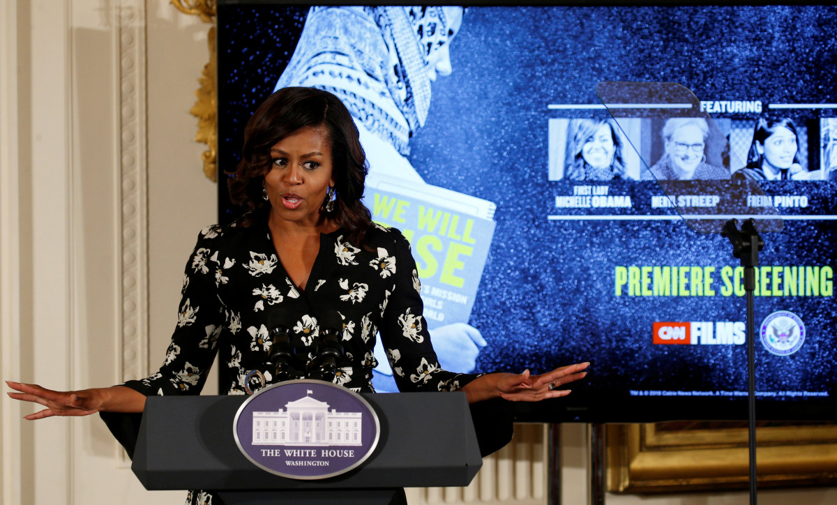 First Lady Michelle Obama speaks before a viewing of a new documentary called 