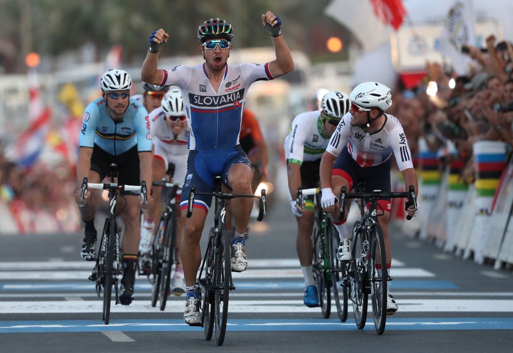 Slovakia's Peter Sagan celebrates after winning the men's elite road race event as part of the 2016 UCI Road World Championships on October 16, 2016, in the Qatari capital Doha. / AFP / KARIM JAAFAR
