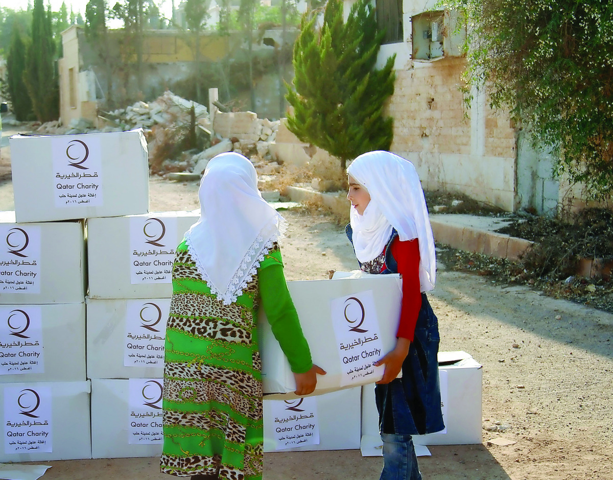 Children carrying food packets provided by Qatar Charity (QC) in Aleppo.