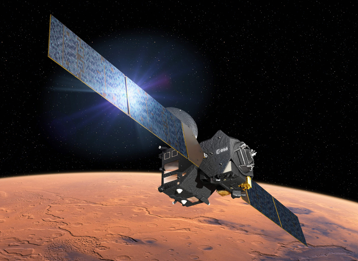 This file photo handout photo taken from the European Space Agency website on March 1, 2016 shows an artist's impression depicting the separation of the ExoMars 2016 entry, descent and landing demonstrator module, named Schiaparelli, from the Trace Gas Or