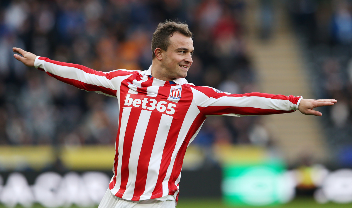 Stoke City's Xherdan Shaqiri celebrates scoring their second goal. (Reuters / Scott Heppell)