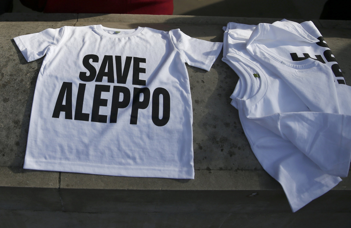 T-shirts are laid out during a demonstration urging the British government to intervene in the bombing of Aleppo, outside Downing Street, London, Britain October 22, 2016. REUTERS/Peter Nicholls