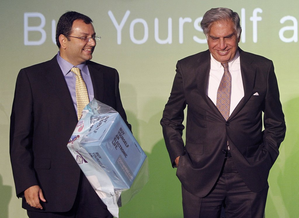 Tata Group Chairman Ratan Tata and Deputy Chairman Cyrus Mistry attend the launch of a new website for tech superstore Croma, managed by Infiniti Retail, a part of the Tata Group, in Mumbai, India April 23, 2012. REUTERS/Vivek Prakash/File Photo
