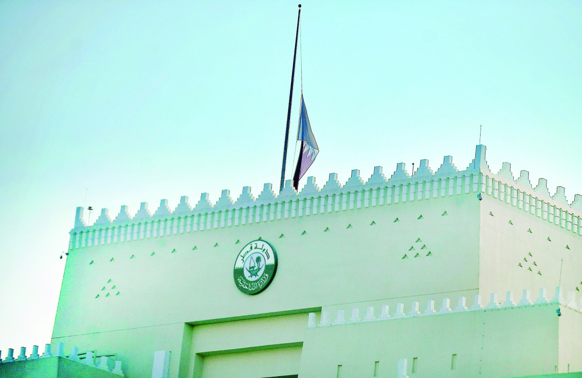 Qatari flag flying at half-staff on the Ministry of Interior headquarters on the second day of national mourning for H H Grandfather Emir Sheikh Khalifa bin Hamad Al Thani who passed away on Sunday. (Pic: Baher Amin / The Peninsula)