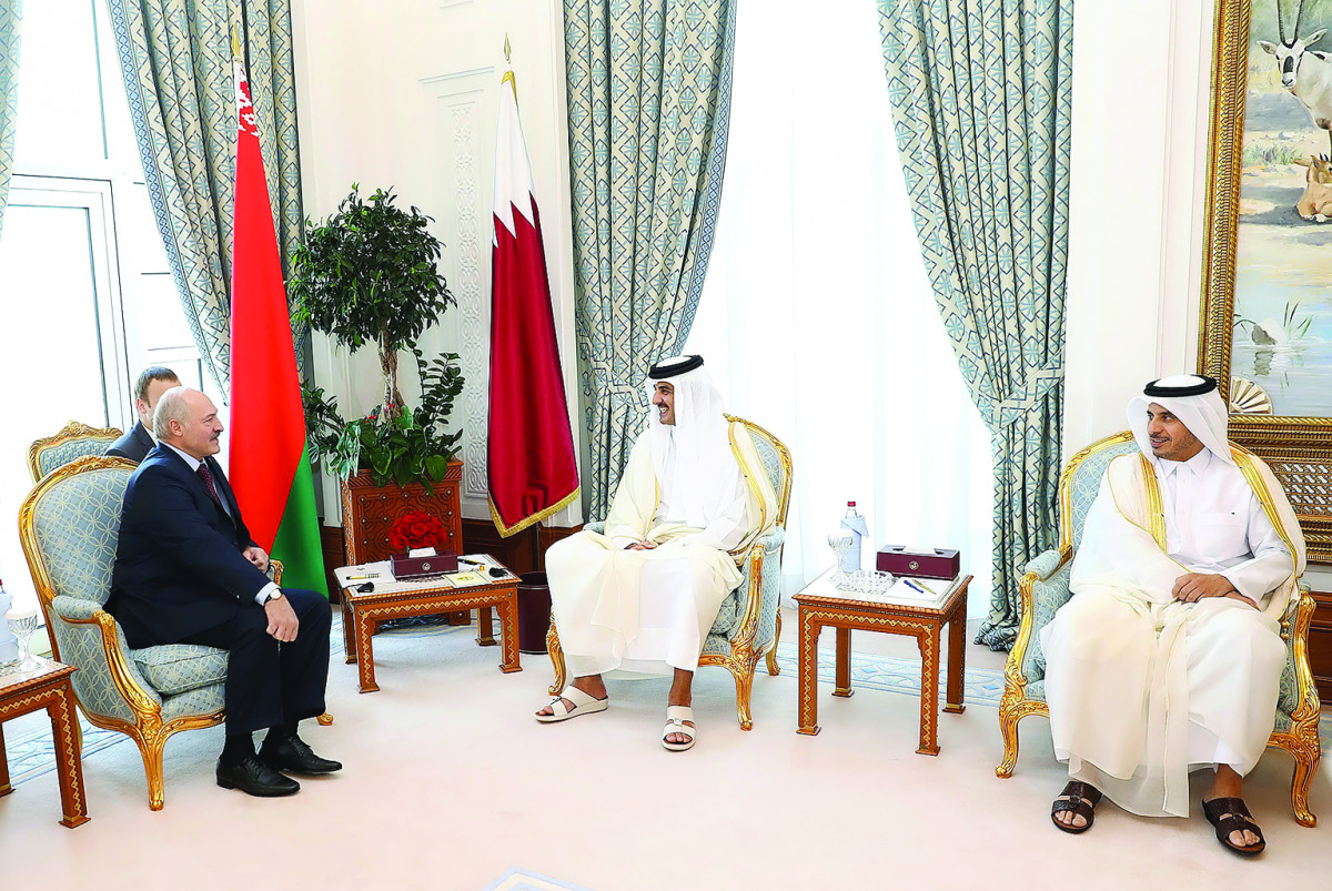 Emir H H Sheikh Tamim bin Hamad Al Thani holding talks with President of the Republic of Belarus, Alexander Lukashenko, at Emiri Diwan, yesterday. Prime Minister and Interior Minister H E Sheikh Abdullah bin Nasser bin Khalifa Al Thani also attended.