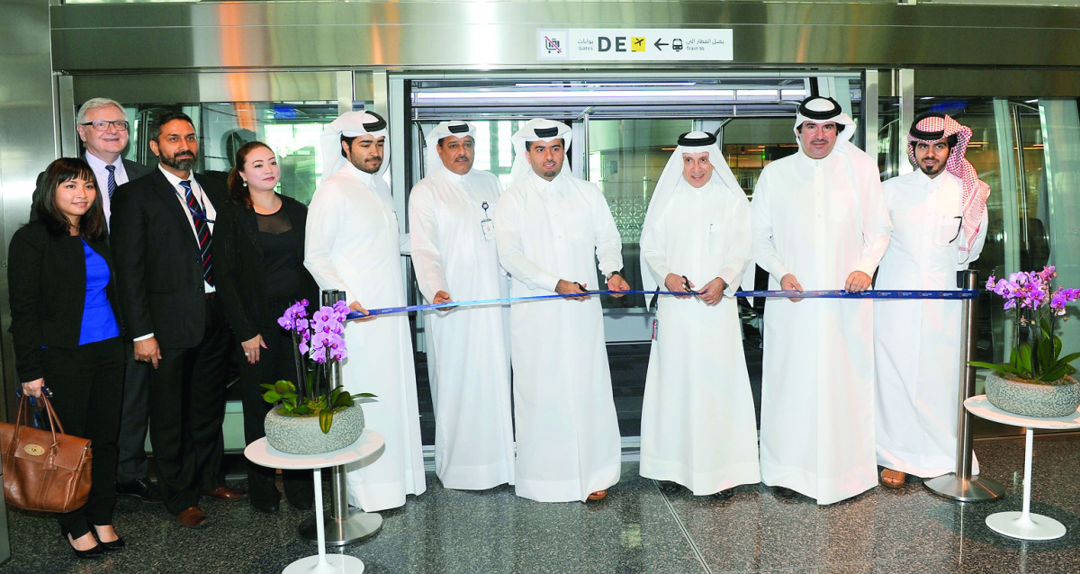 The passenger train being inaugurated by Qatar Airways Group Chief Executive Akbar Al Baker and Badr Mohammed Al Meer, Chief Operating Officer of HIA, yesterday.  Pics: Salim Matramkot/The Peninsula.