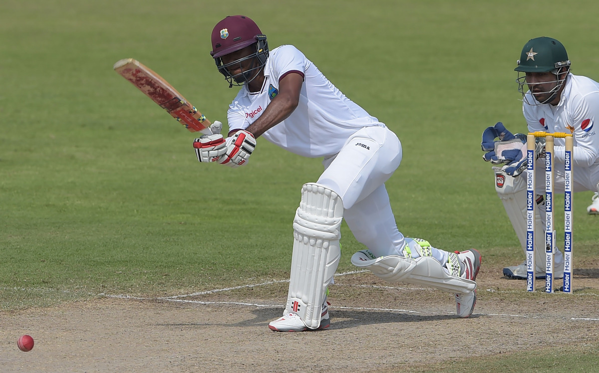 West Indies' batsman Kraigg Brathwaite plays a shot on the third day of the third and final Test between Pakistan and the West Indies at the Sharjah Cricket Stadium in Sharjah on November 1, 2016. (AFP / AAMIR Qureshi)