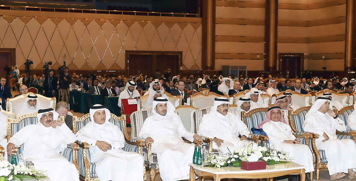 The Prime Minister and Interior Minister, H E Sheikh Abdullah bin Nasser bin Khalifa Al Thani (third left ) Minister of Transport and Communications, H E Jassim bin Saif Al Sulaiti (first left) ; Minister of Finance HE Ali Sherif Al Emadi (second left); a
