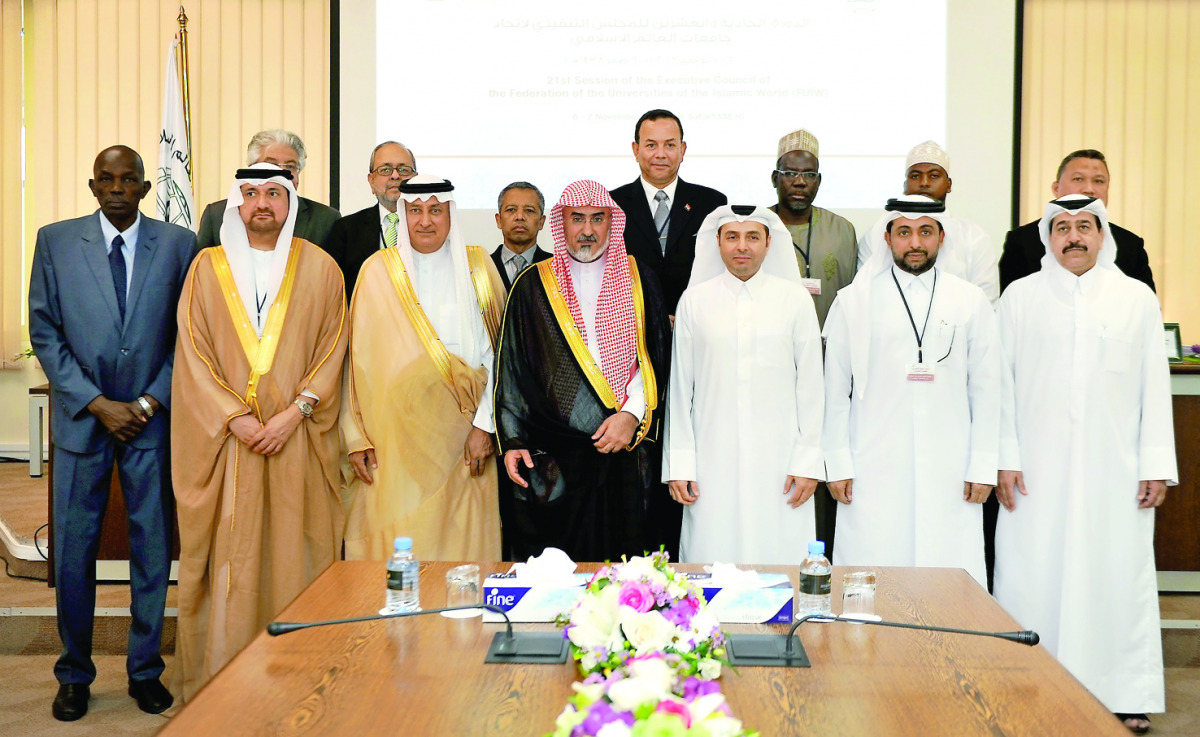Minister of Education and Higher Education H E Dr Mohammed Abdul Wahed Ali Al Hammadi and officials at the 21st session of Executive Council of the Federation of the Universities of the Islamic World (FUIW) at Qatar University yesterday. Pic: Abdul Basit
