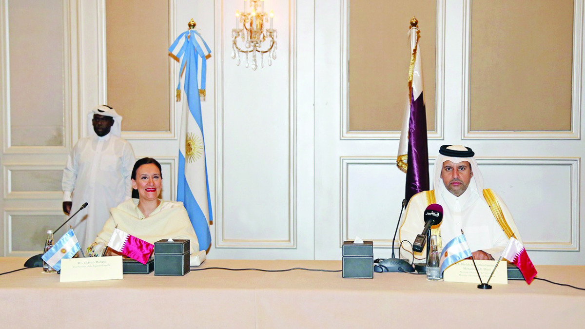H E Sheikh Ahmed bin Jassim Al Thani, Minister of Economy and Commerce (right) and Argentina Vice-President Gabriela Michetti at the Argentina-Qatar Business Forum, in Doha, yesterday.