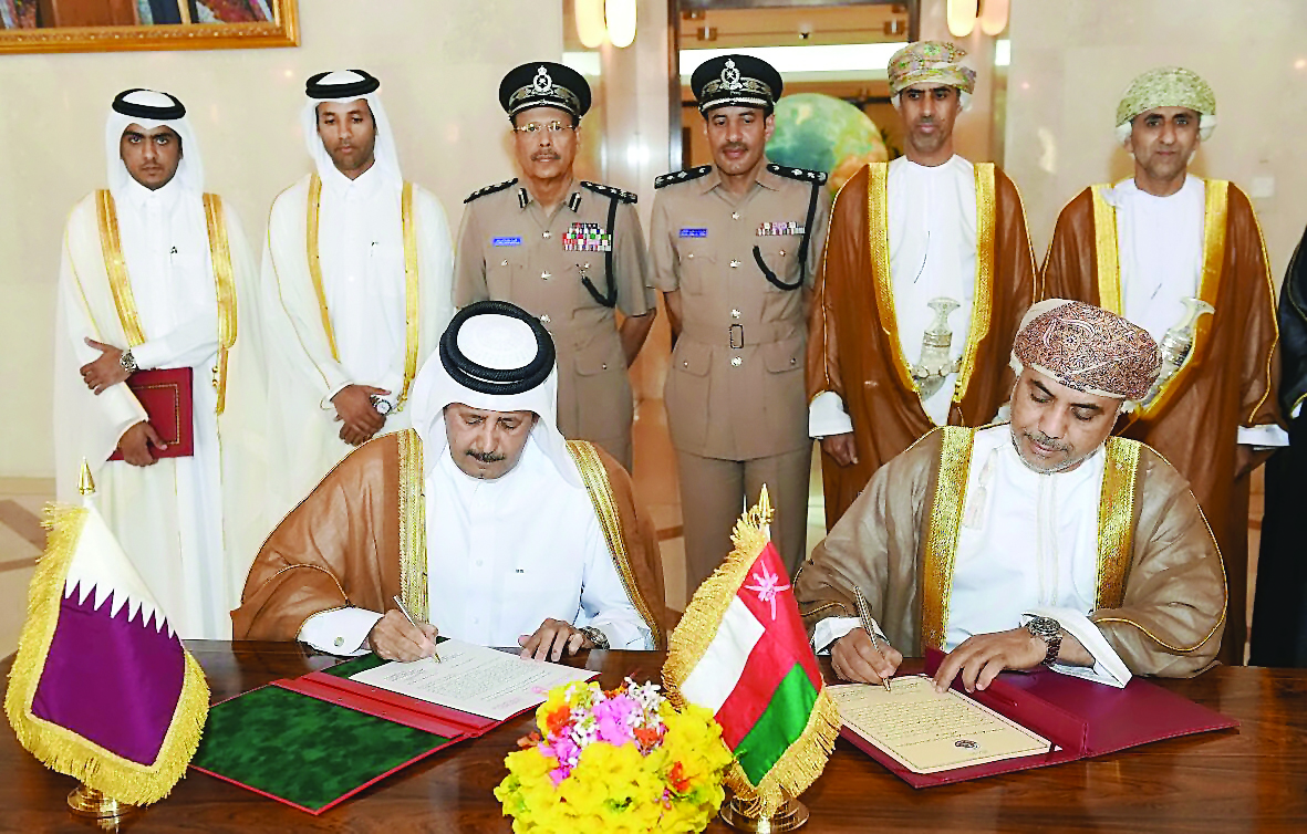 The minutes of the exchange of ratification instruments of cooperation in the field of security between Qatar and Oman being signed in Muscat yesterday.