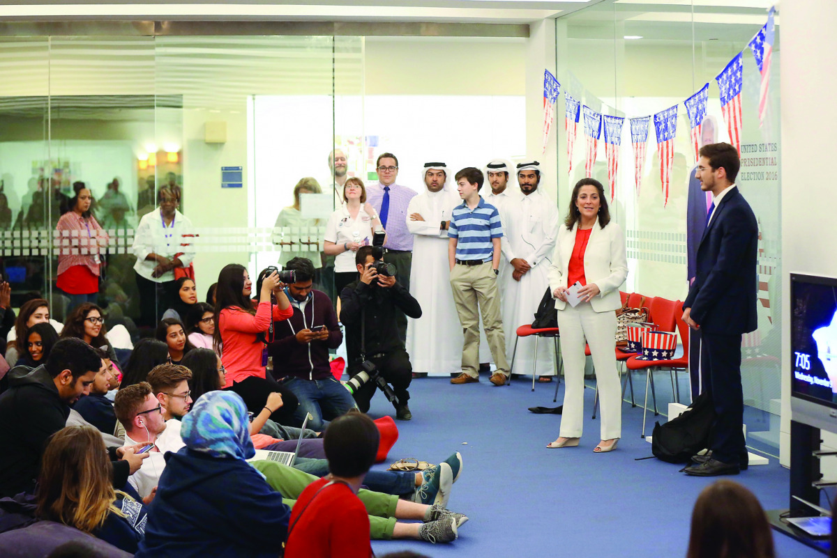 Ambassador of the United States to Qatar, Dana Shell Smith, GU-Q students and staff at the election night event. 