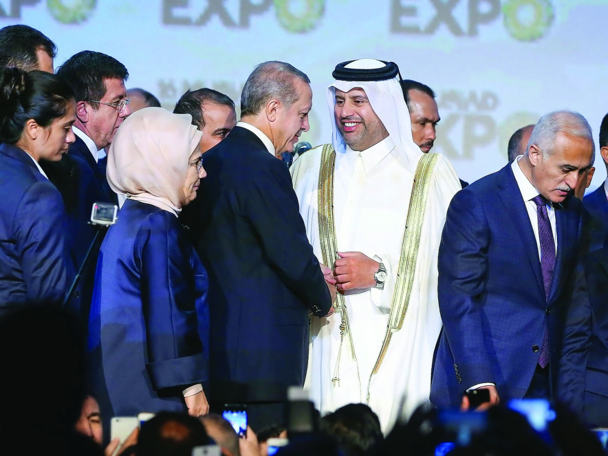 Minister of Economy and Commerce H E Sheikh Ahmed bin Jassim Al Thani meeting with the President of Turkey, Recep Tayyip Erdogan, on the sidelines of the 6th 'Musiad International Fair', at the CNR Expo Centre in Istanbul yesterday.