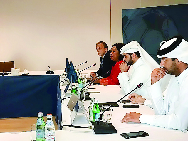 FIFA Secretary General Fatma Samoura (second left) and Hassan Al Thawadi, the  Secretary General of the Supreme Committee for Delivery and Legacy (SC), in Doha yesterday. Nasser Al Khater Assistant Secretary General, Tournament Operations (centre).
