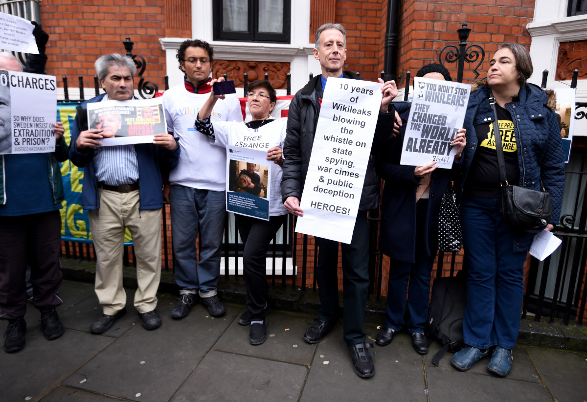 Human rights campaigner Peter Tatchell and other Assange supporters outside the Embassy of Ecuador as Swedish prosecutors question Wikileaks founder Julian Assange on November 14, 2016 in London, United Kingdom. Mr Assange has been inside the embassy sinc