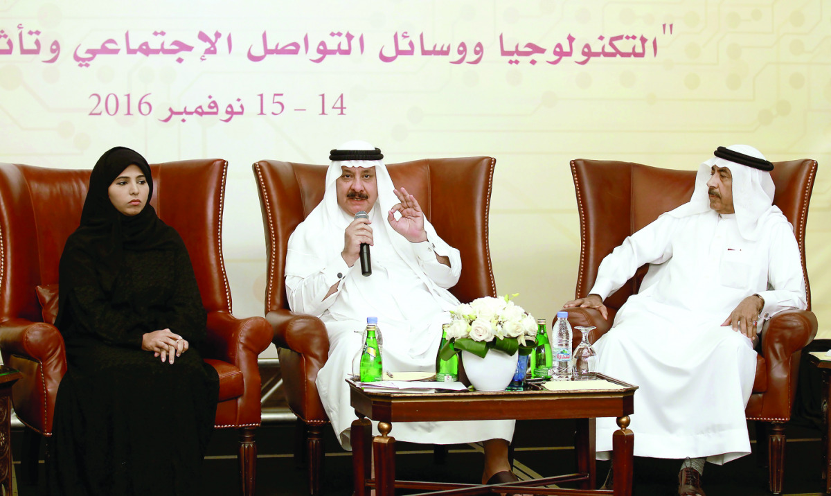 Waleed Al Hadethy(centre) with speakers Ali Abdullah Khalifa (right) and Dr Hanan Al Fayad at Conference yesterday. Pic: Qassim Rahmatullah/ The Peninsula