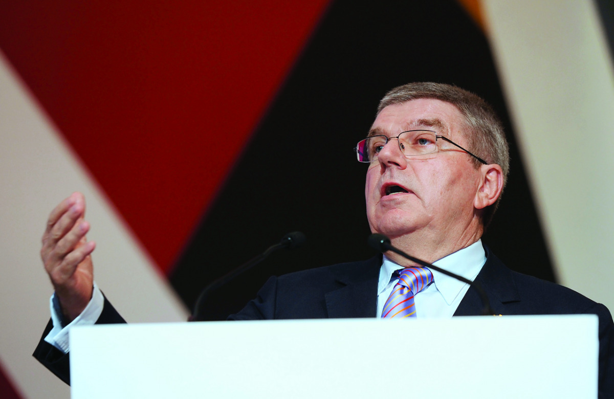 IOC President Thomas Bach addresses the ANOC gathering in Doha yesterday. 