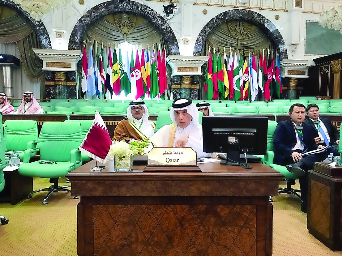 Minister of State for Foreign Affairs H E Sultan bin Saad Al Muraikhi participating in an emergency meeting of Foreign Ministers of the Organisation of Islamic Cooperation (OIC) in Makkah Al Mukarramah yesterday. 