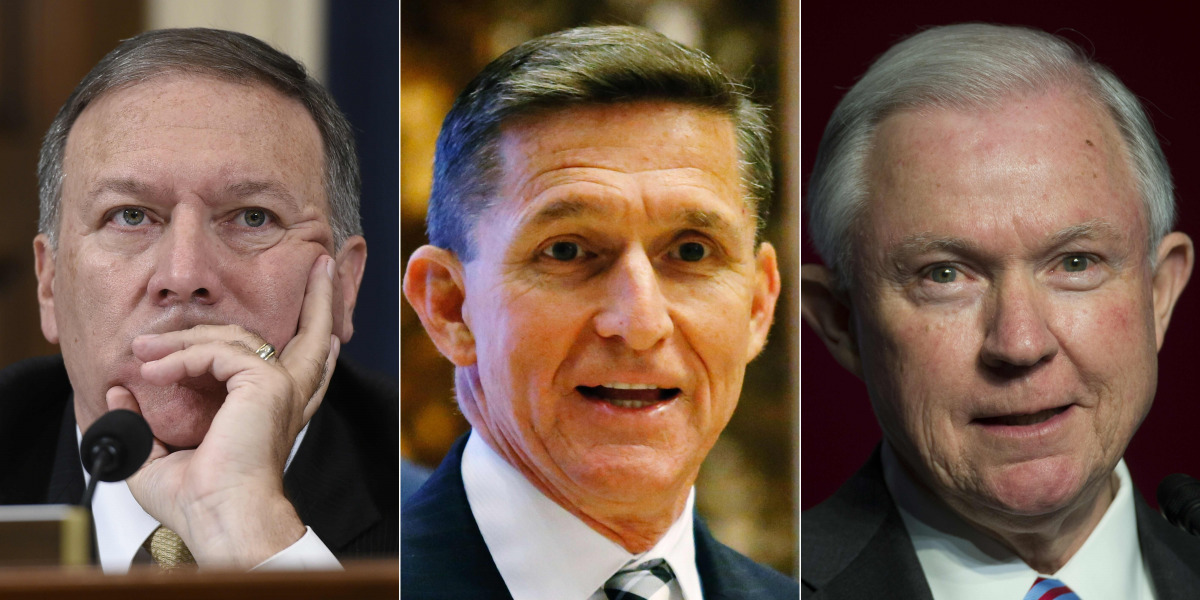 This combination of pictures created on November 18, 2016 shows (L to R)
US Representative from Kansas Mike Pompeo, Retired Lt. Gen. Michael Flynn and Senator Jeff Sessions. President-elect Donald Trump has chosen Jeff Sessions to be attorney general, Mi