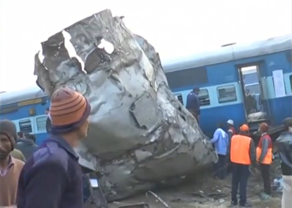 A view of a derailed train in Kanpur, in India's northern state of Uttar Pradesh, in this still image taken from video November 20, 2016. ANI/via REUTERS TV