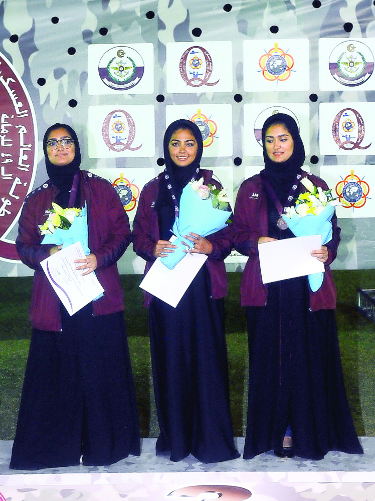 Bronze medallists of Women’s Skeet event, Qatar's Sarah Mohammed, Hajar Mohammed and Reem Al Sharshani
