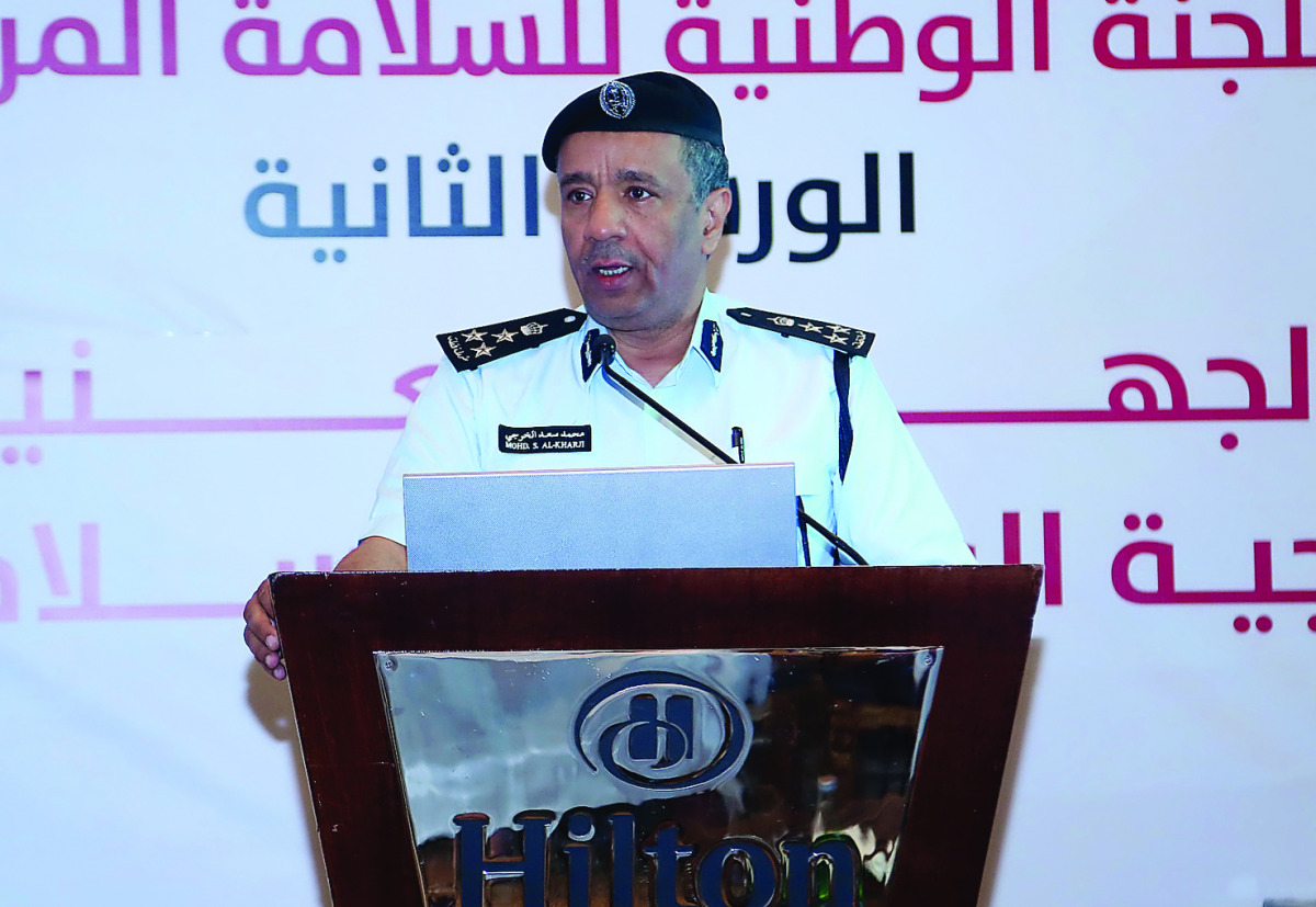 Brig Mohamed Saad Al Kharji, Director-General of the Traffic Department at the MoI, speaking during a workshop for authorities concerned to National Traffic Safety Strategy, at Hilton Hotel Doha, yesterday.