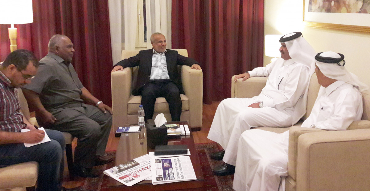 Sri Lankan Minister of Water Supply and Drainage Rauff Hakeem (left) during a meeting with Qatar Chamber Vice-Chairman Mohamed bin Ahmed bin Tawar (second right), yesterday.