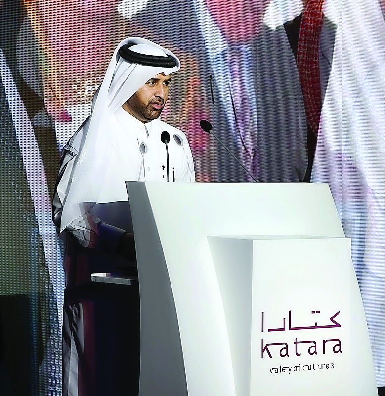Katara General Manager Dr Khalid bin Ibrahim Al Sulaiti welcoming the head of missions in Doha at a gala dinner hosted by Katara .
