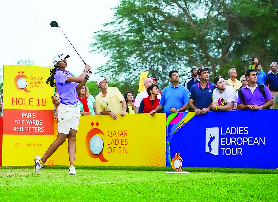 India's Aditi Ashok in action during the third round of the Ladies European Tour 2016: Qatar Ladies Masters at the Doha Golf Club in Doha yesterday.  