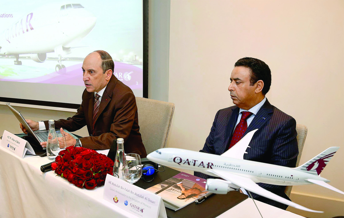 Qatar Airways Group Chief Executive Akbar Al Baker (left) addresses media with Qatar’s Ambassador to Morocco Abdullah bin Falah bin Abdullah Al Dosari.