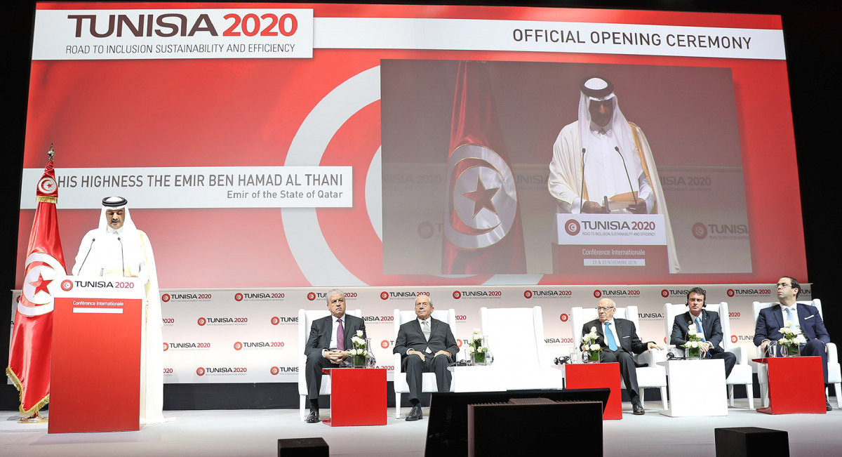 Emir H H Sheikh Tamim bin Hamad Al Thani addressing the conference in Tunisia's capital Tunis yesterday.