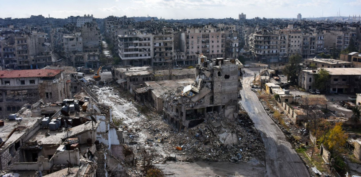 A general view taken from the Syrian government-held side shows Aleppo's Bustan al-Basha district on December 3, 2016. / AFP / George OURFALIAN