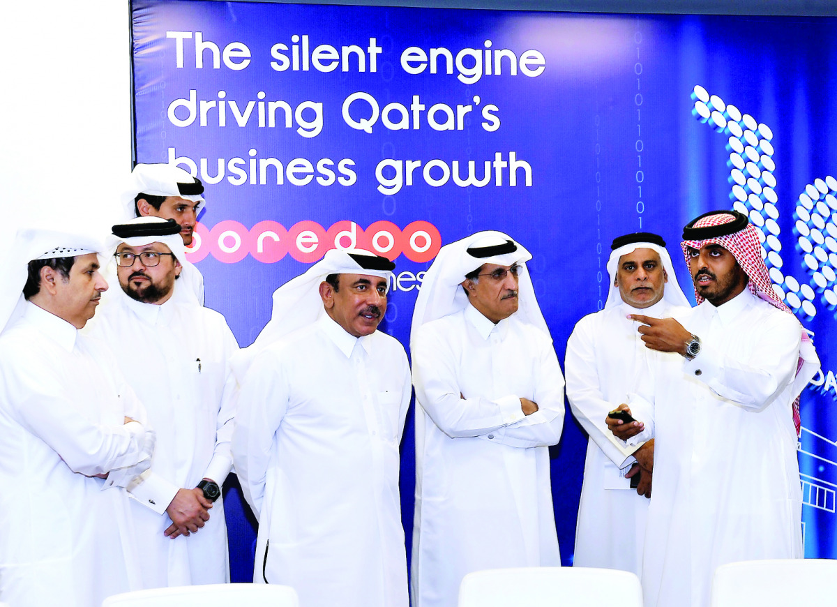 Minister of Transport and Communications H E Jassim bin Saif Al Sulaiti (fourth right); Sheikh Abdulla bin Mohammed bin Saud Al Thani (third right) Chairman of Ooredoo; Sheikh Saud bin Nasser Al Thani (first left), Group CEO, Ooredoo; Waleed Mohamed Ebrah