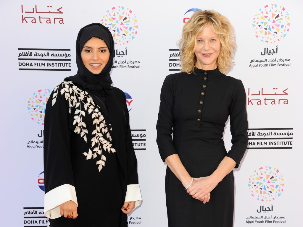 Hollywood actor and director Meg Ryan with DFI CEO Fatma Al Remaihi at the closing night of the fourth Ajyal Youth Film Festival 