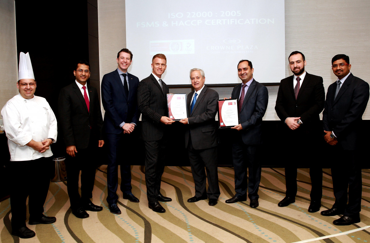 Officials of Crowne Plaza Doha--The Business Park receiving the ISO/HACCP Certificate. (Pic: Qassim Rahmatullah / The Peninsula)