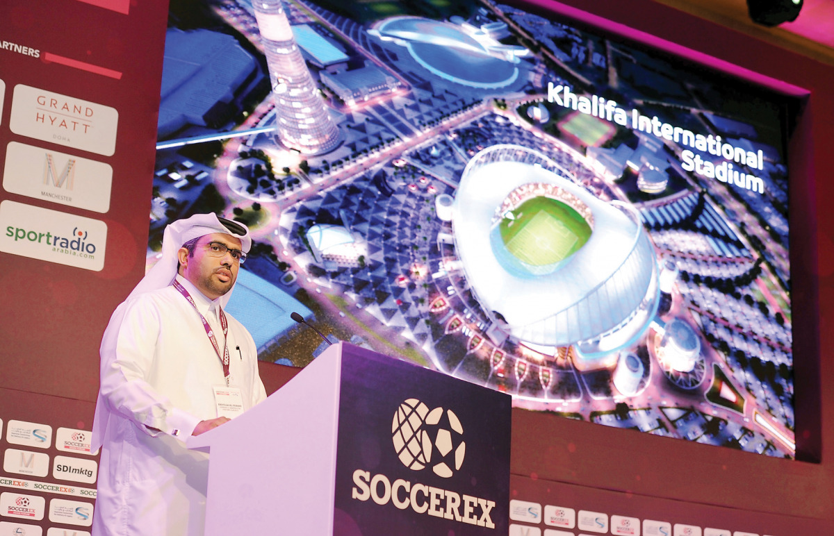 Abdullah Fehani, Project Manager for Al Rayyan Stadium, giving a progress update on the stadiums currently under construction in Qatar, during the second day of Soccerx Asian Forum 2016 at the Grand Hyatt Hotel in Doha yesterday. (Pic by: Salim Matramkot/