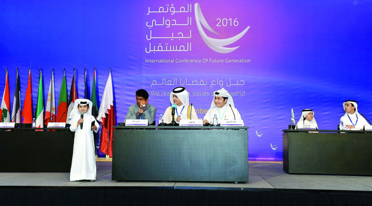 A young student speaking at the 'International conference of the Future Generation' at QNCC yesterday. Pic: Kammutty VP/ The Peninsula