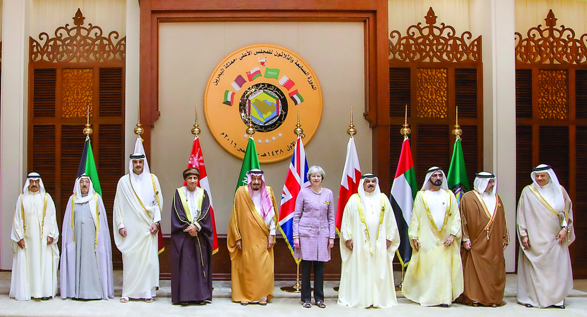 Emir H H Sheikh Tamim bin Hamad Al Thani with British Prime Minister Theresa May and GCC leaders during the GCC-United Kingdom First Summit in Manama, Bahrain, yesterday.