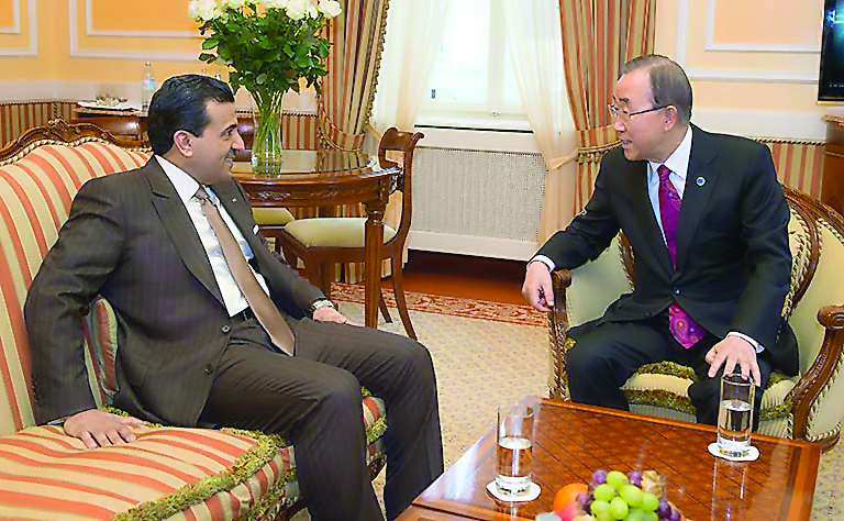 UN Secretary-General Ban Ki-moon with Qatar's Attorney General and UN Special Advocate for the Prevention of Corruption, H E Dr Ali bin Fetais Al Marri, in Vienna, yesterday. 