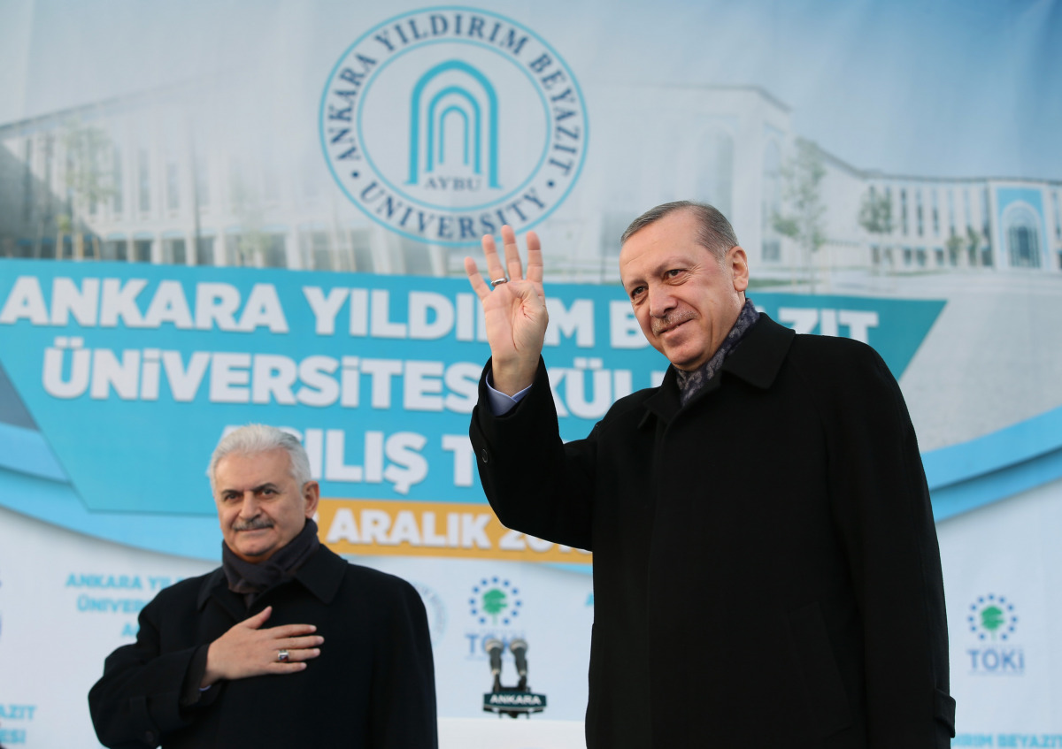 Recep Tayyip Erdogan and Binali Yildirim attend opening ceremony of the Yildirim Beyazit University Esenboga Main Campus in Ankara Turkey on December 02, 2016 (Kayhan / Özer Anadolu Agency) 