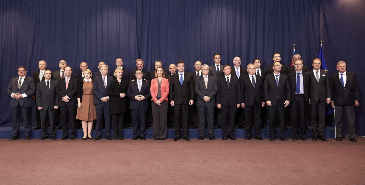 Foreign Minister of Cuba, Bruno Rodriguez (7th L) and EU High Representative for Foreign Affairs Federica Mogherini (8th L) pose for a photo with other with European foreign ministers and delegation after attending the EU-Cuba political dialogue and coope