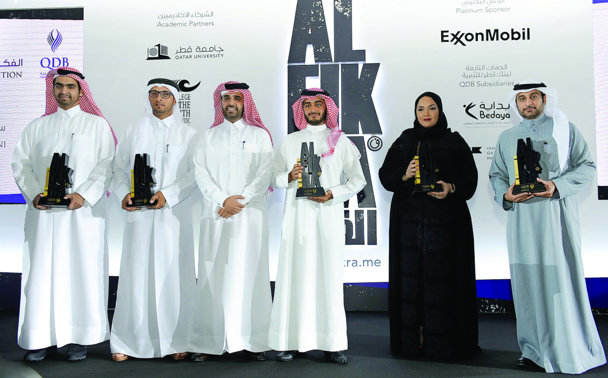 Abdulaziz bin Nasser Al Khalifa (third left), Chief Executive Officer of QDB with winners of the fifth edition of Al Fikra National Business Competition. Pic: Salim Matramkot/ The Peninsula