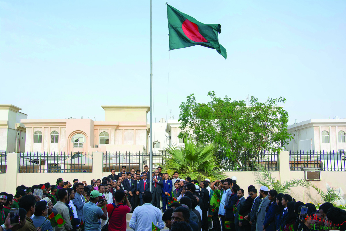Bangladesh Ambassador Ashud Ahmed hoisting the national flag to celebrate the Victory Day at the embassy premises, yesterday.