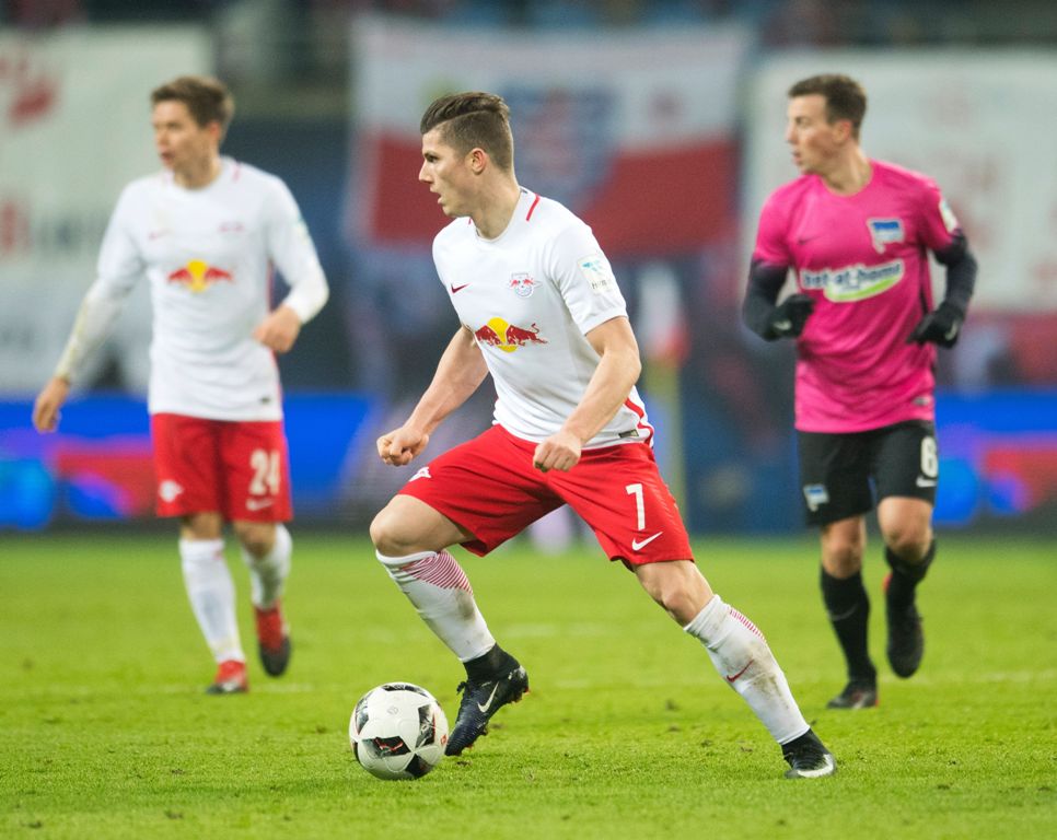 Leipzig's Austrian forward Marcel Sabitzer plays during the German first division Bundesliga football match between RB Leipzig and Hertha BSC Berlin in Leipzig, eastern Germany on December 17, 2016. AFP / Robert MICHAEL