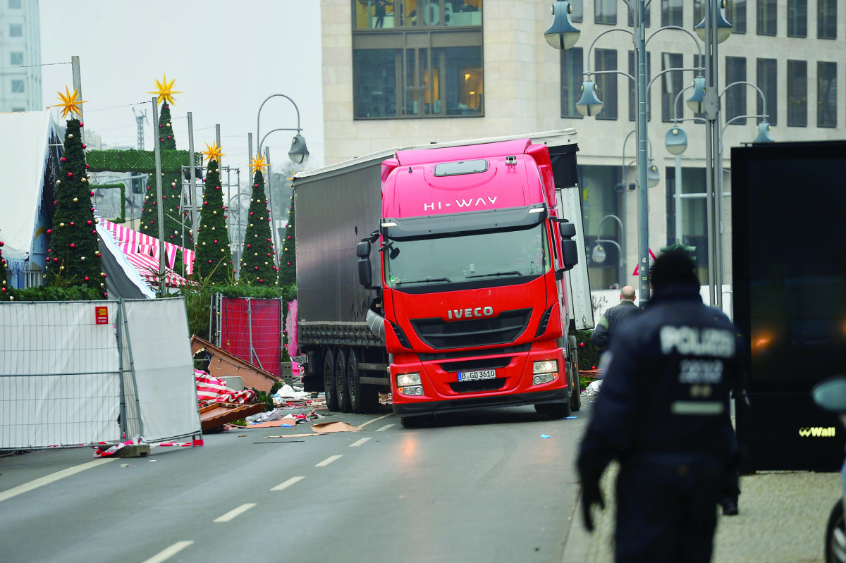 A lorry that crashed into a crowded Christmas market in Berlin, Germany, on Monday night. 