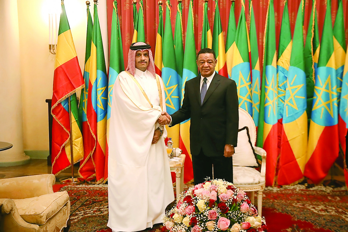 Foreign Minister H E Sheikh Mohammed bin Abdulrahman Al Thani with Ethiopian President Mulatu Teshome in Addis Ababa yesterday. The foreign minister conveyed greetings of the Emir H H Sheikh Tamim bin Hamad Al Thani to the Ethiopian President and his wish
